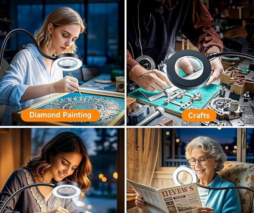 10X Lighted Magnifying Glass - 3 Colors & 10 Brightness Clip On Desk Lamp with Clamp Light - 1000 Lumen Hands Free Magnifier