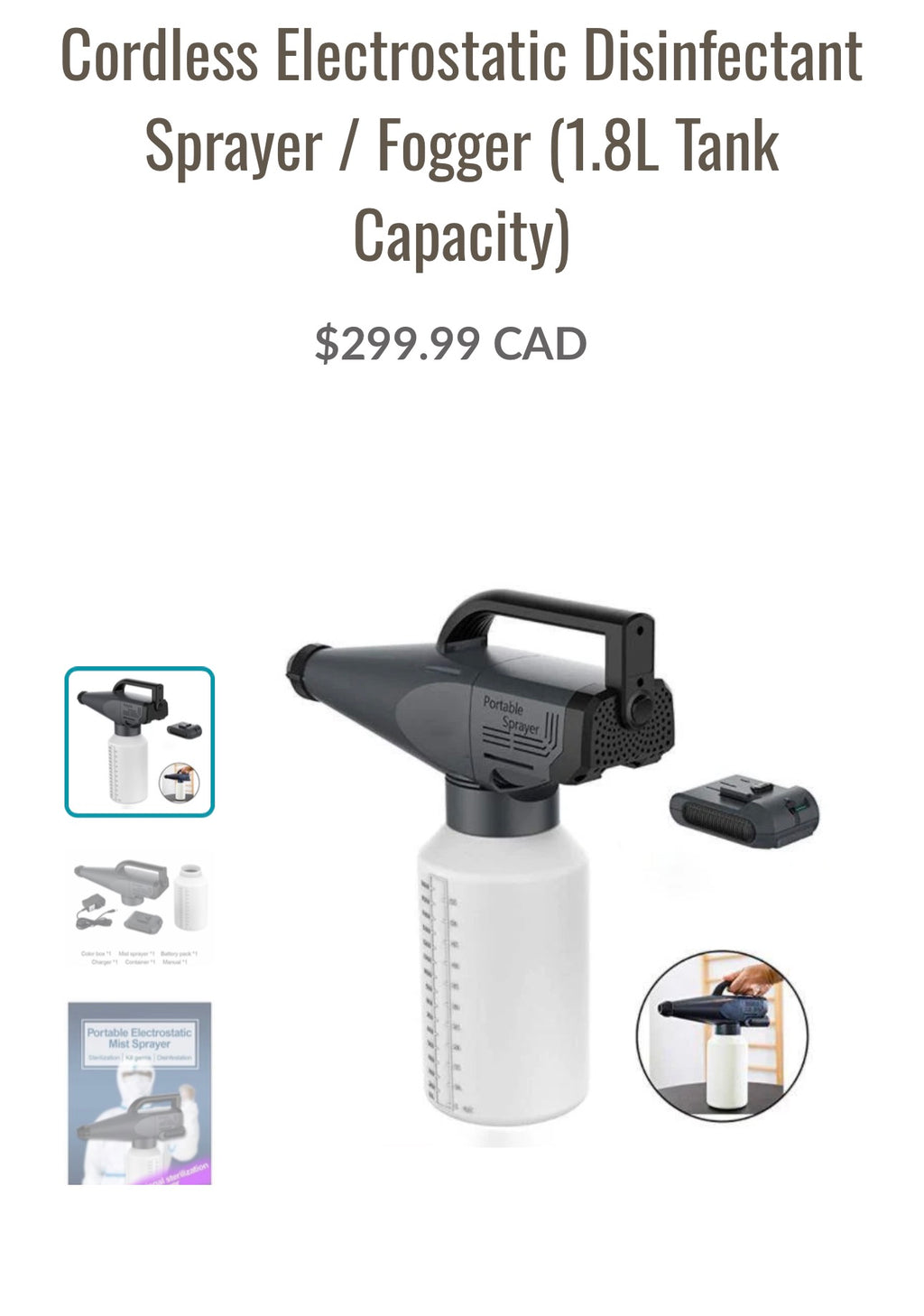 Cordless Electrostatic Disinfectant Sprayer / Fogger (1.8L Tank Capacity)