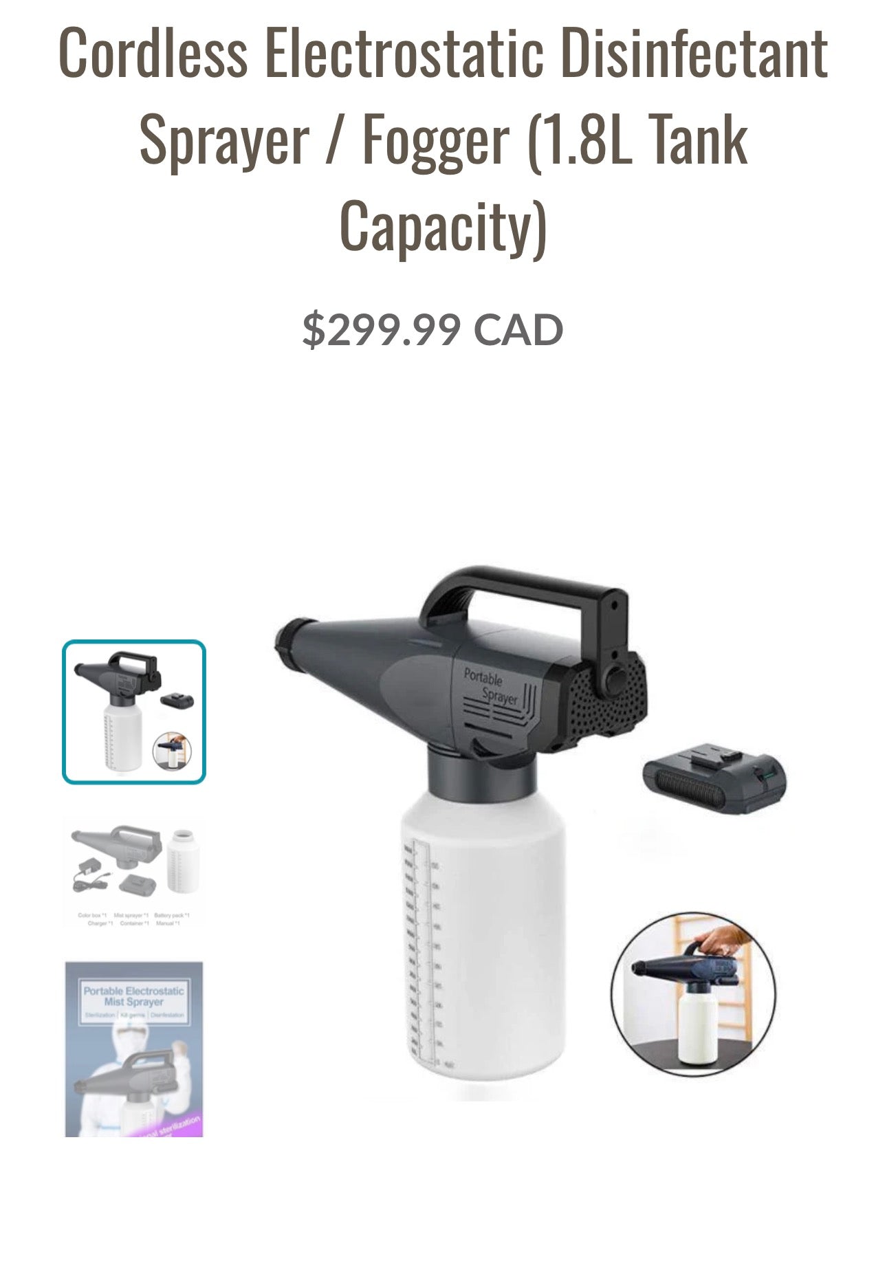 Cordless Electrostatic Disinfectant Sprayer / Fogger (1.8L Tank Capacity)