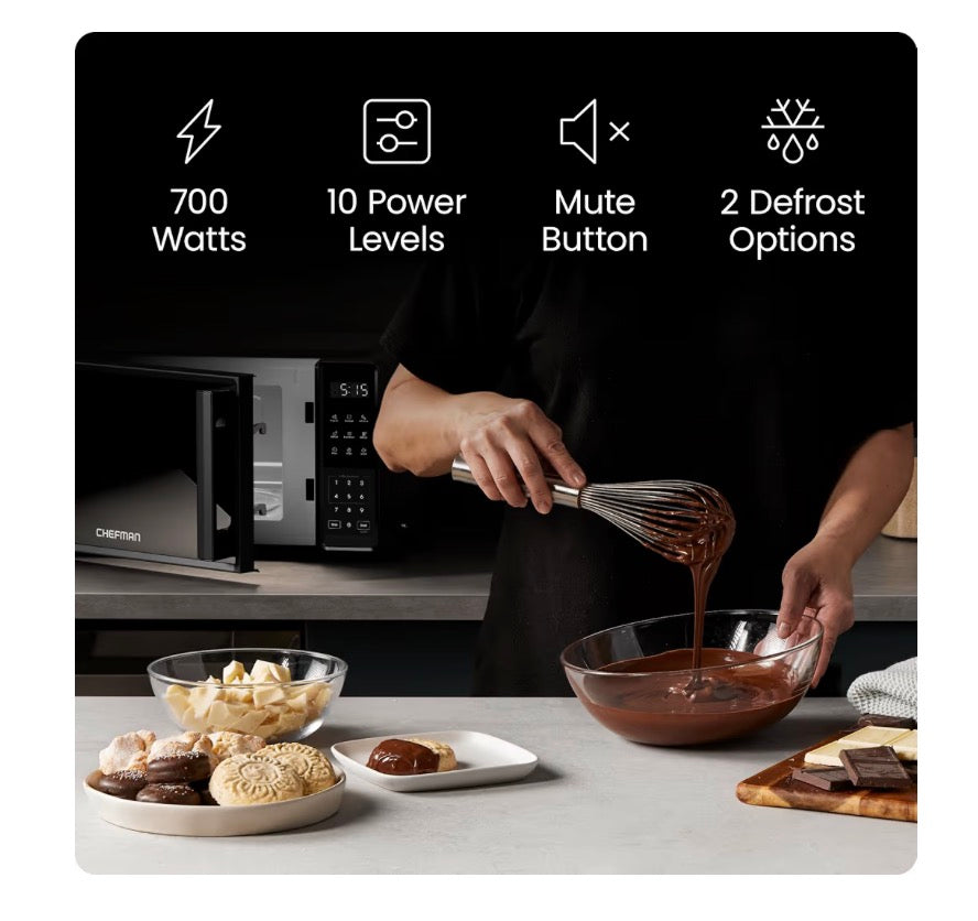 Chefman Countertop Microwave Oven 0.7 and 9 Cu. Ft., 700 Watts with 10 Power Levels, 6 Cooking Presets with One-Touch Express Cook, Eco Mode, Child Safety Lock, & Mute Button - Black - BRAND NEW
