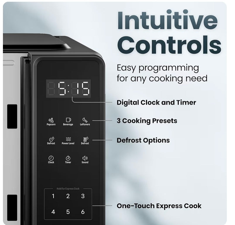 Chefman Countertop Microwave Oven 0.7 and 9 Cu. Ft., 700 Watts with 10 Power Levels, 6 Cooking Presets with One-Touch Express Cook, Eco Mode, Child Safety Lock, & Mute Button - Black - BRAND NEW