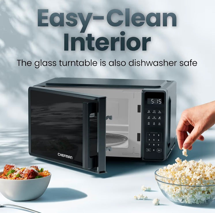 Chefman Countertop Microwave Oven 0.7 and 9 Cu. Ft., 700 Watts with 10 Power Levels, 6 Cooking Presets with One-Touch Express Cook, Eco Mode, Child Safety Lock, & Mute Button - Black - BRAND NEW