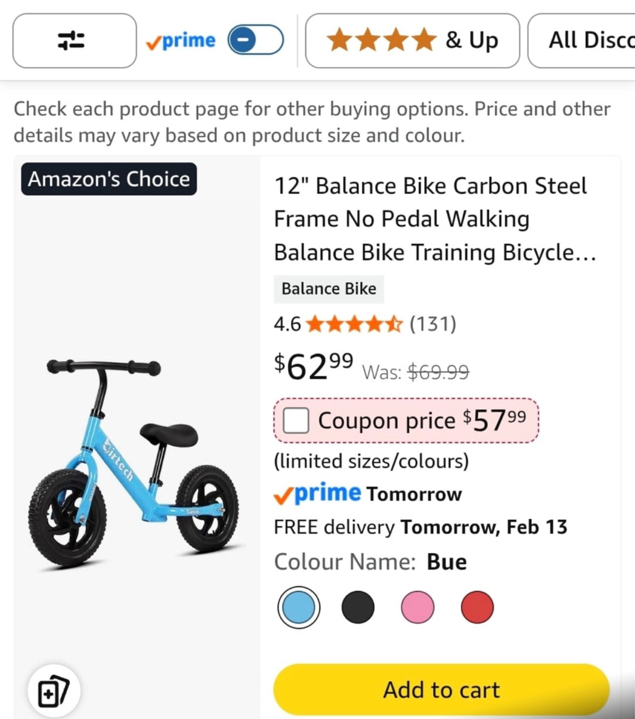 12" Balance Bike Carbon Steel Frame No Pedal Walking Balance Bike Training Bicycle for Kids