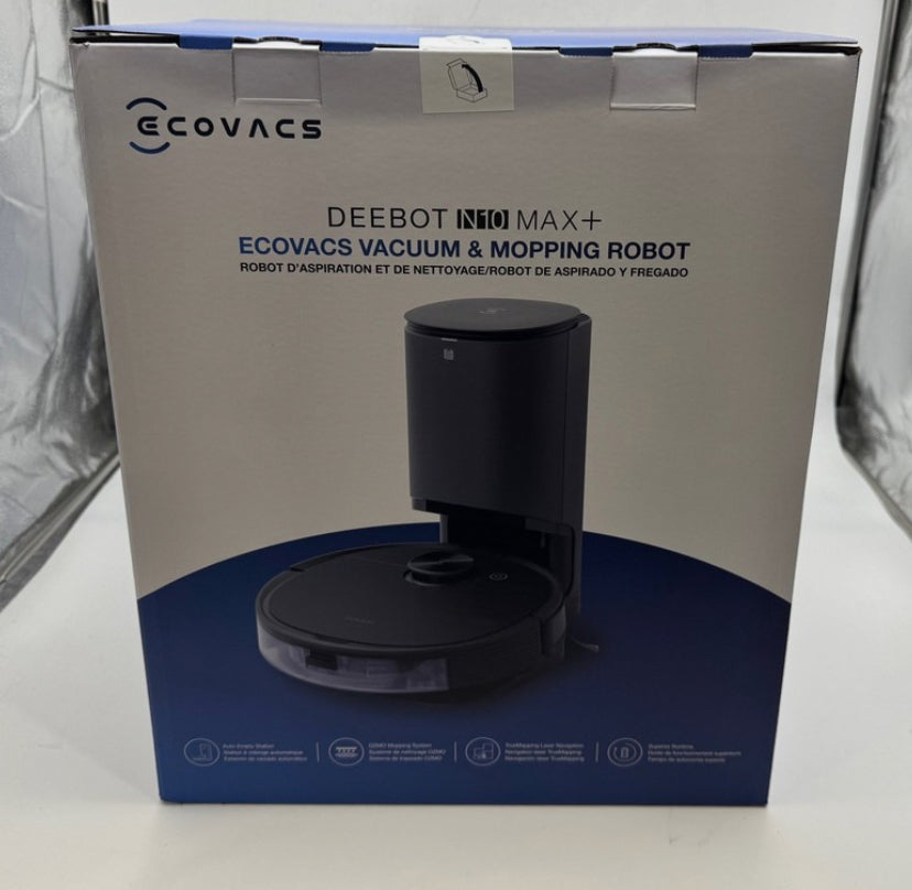 This box contains the ECOVACS DEEBOT 10+, an all-in-one robot vacuum and mop designed for automated home cleaning.