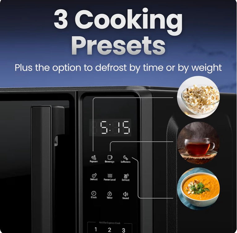 Chefman Countertop Microwave Oven 0.7 and 9 Cu. Ft., 700 Watts with 10 Power Levels, 6 Cooking Presets with One-Touch Express Cook, Eco Mode, Child Safety Lock, & Mute Button - Black - BRAND NEW