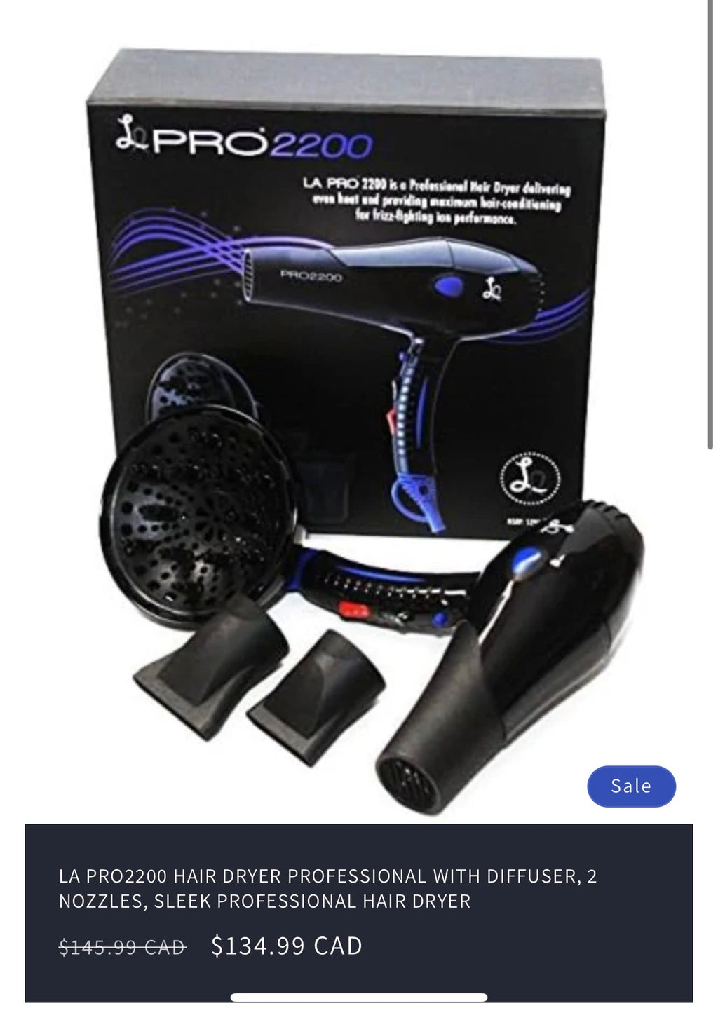 LA PRO2200 HAIR DRYER PROFESSIONAL WITH DIFFUSER, 2 NOZZLES, SLEEK PROFESSIONAL HAIR DRYER