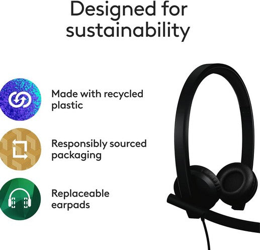 Logitech H570e USB Headset with Microphone for PC and Mac, USB-C Wired Headset with Stereo Sound, Noise-Canceling Mics and Inline Controls, Certified for Microsoft Teams, Black