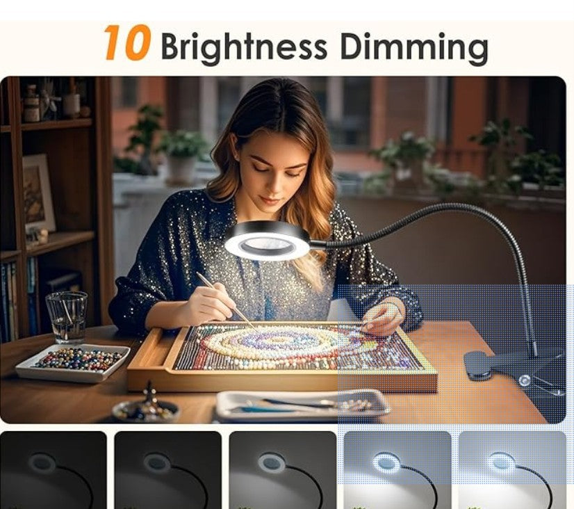 10X Lighted Magnifying Glass - 3 Colors & 10 Brightness Clip On Desk Lamp with Clamp Light - 1000 Lumen Hands Free Magnifier