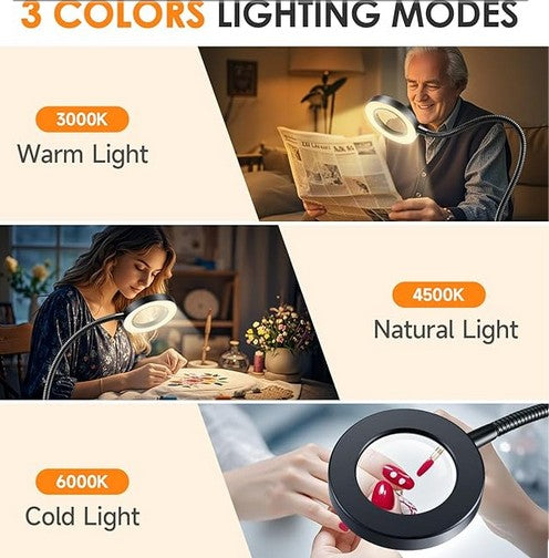 10X Lighted Magnifying Glass - 3 Colors & 10 Brightness Clip On Desk Lamp with Clamp Light - 1000 Lumen Hands Free Magnifier