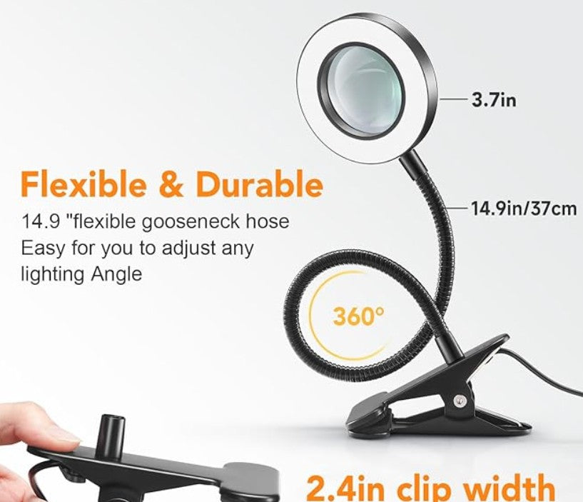 10X Lighted Magnifying Glass - 3 Colors & 10 Brightness Clip On Desk Lamp with Clamp Light - 1000 Lumen Hands Free Magnifier
