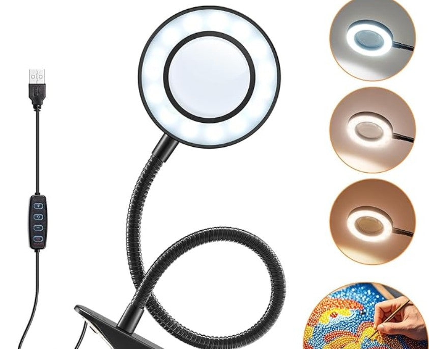 10X Lighted Magnifying Glass - 3 Colors & 10 Brightness Clip On Desk Lamp with Clamp Light - 1000 Lumen Hands Free Magnifier