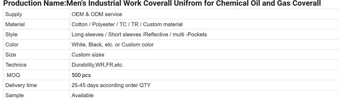Men’s Industrial Work Coverall Uniform | Chemical, Oil & Gas Safety Workwear | OEM & ODM Supplier | Cotton/Polyester | Reflective & Multi-Pocket Options