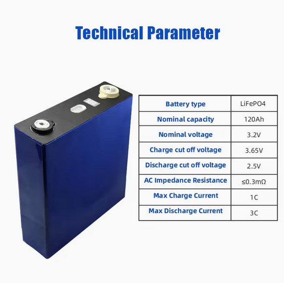 VoltiumX 3.2V 120Ah LiFePO₄ Prismatic Cell | Rechargeable Lithium Battery for Solar Energy Storage Systems