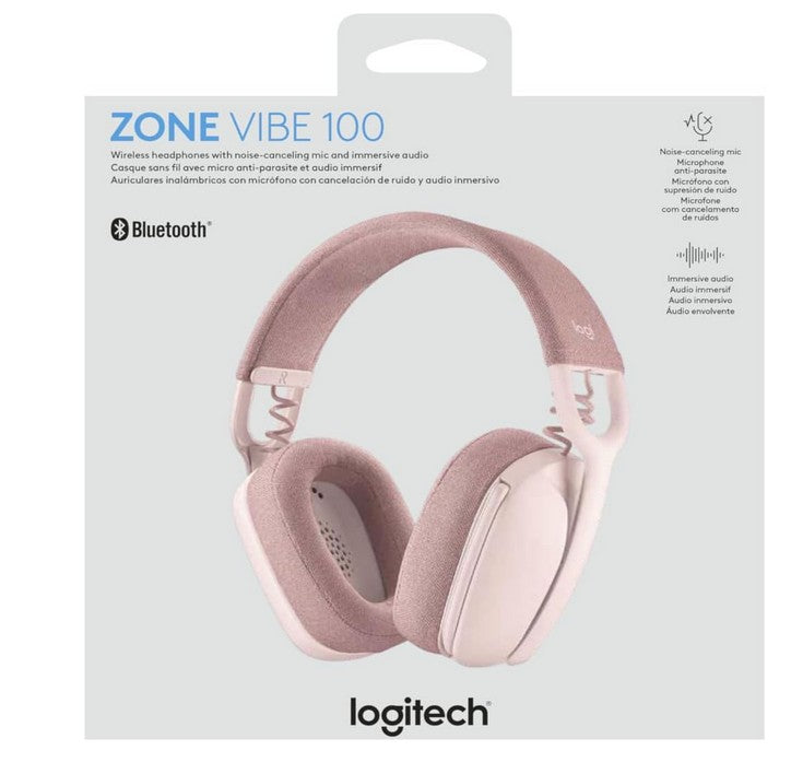 Logitech Zone Vibe 100 Lightweight Wireless Over Ear Headphones with Noise Canceling Microphone, Advanced Multipoint Bluetooth Headset, Works with Teams, Google Meet, Zoom, Mac/PC - Off White
