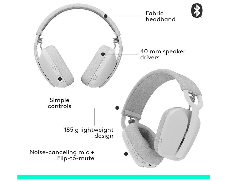 Logitech Zone Vibe 100 Lightweight Wireless Over Ear Headphones with Noise Canceling Microphone, Advanced Multipoint Bluetooth Headset, Works with Teams, Google Meet, Zoom, Mac/PC - Off White