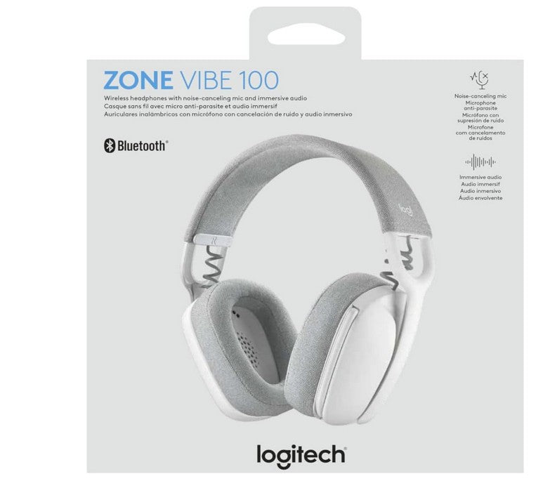 Logitech Zone Vibe 100 Lightweight Wireless Over Ear Headphones with Noise Canceling Microphone, Advanced Multipoint Bluetooth Headset, Works with Teams, Google Meet, Zoom, Mac/PC - Off White