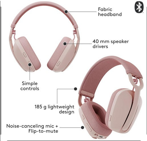 Logitech Zone Vibe 100 Lightweight Wireless Over Ear Headphones with Noise Canceling Microphone, Advanced Multipoint Bluetooth Headset, Works with Teams, Google Meet, Zoom, Mac/PC - Off White