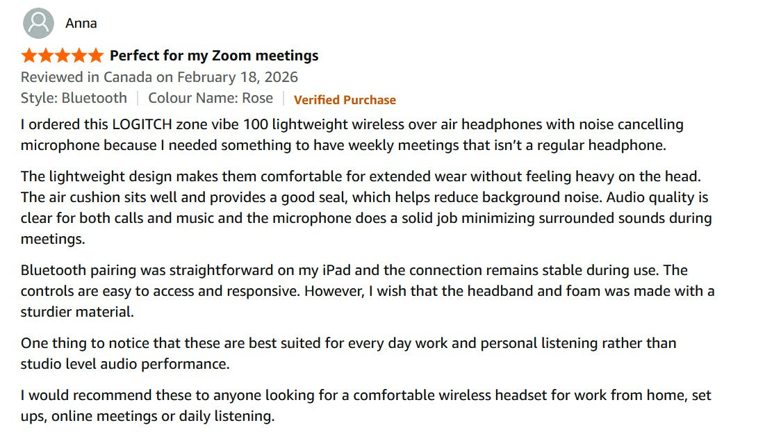 Logitech Zone Vibe 100 Lightweight Wireless Over Ear Headphones with Noise Canceling Microphone, Advanced Multipoint Bluetooth Headset, Works with Teams, Google Meet, Zoom, Mac/PC - Off White